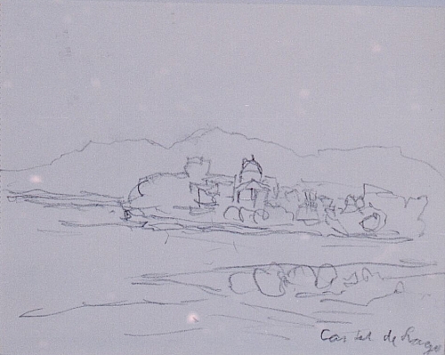 August Kutterer - Skizze eines kleinen Dorfes zwischen Feldern und Hügeln