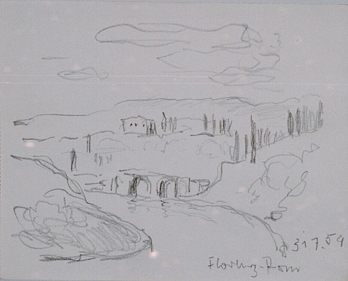 August Kutterer - Skizze Landschaft mit Fluss und zweibogiger Steinbrücke mit Hügeln im Hintergrund, Florenz - Rom