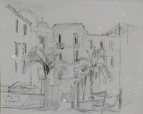 August Kutterer - Skizze von Häusern mit Mauer und Eingang mit Palmen, Neapel