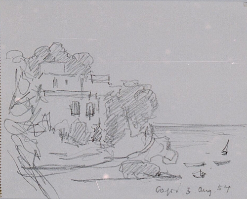 August Kutterer - Skizze einer Felsenküste mit Dorf und Booten im Meer