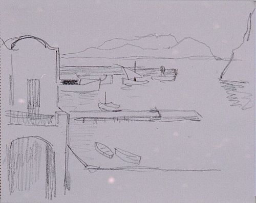 August Kutterer - Skizze eines Blicks aus dem Fenster auf einen Kai mit Booten und Bergen im Hintergrund