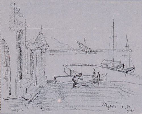 August Kutterer - Skizze einer Häuserecke am Kai mit Fischern an einem Boot und Segelbooten vor Anker