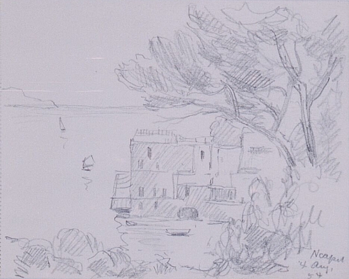 August Kutterer - Skizze von Anhöhe mit Baum und Sträuchern auf ins Meer ragende Häuser mit Booten