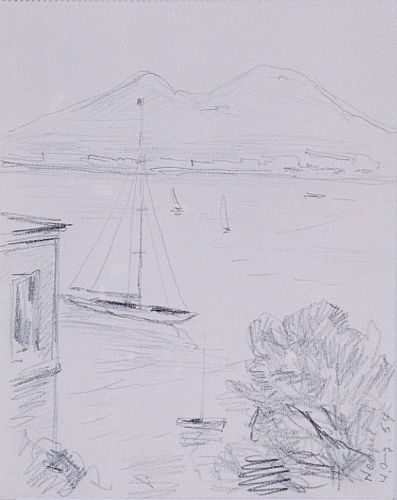 August Kutterer - Skizze mit Haus und Blick auf das Meer mit großem Segelboot und Bergen im Hintergrund