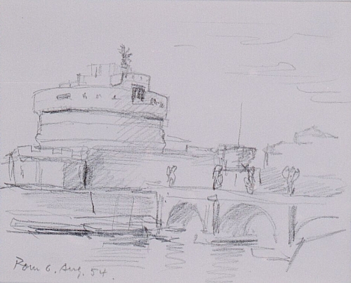 August Kutterer - Skizze eines Fluss mit Brücke vor einer Festung, Rom