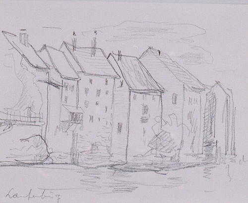 August Kutterer - Skizze einer Häuserreihe hinter einem Flusslauf, Laufenburg