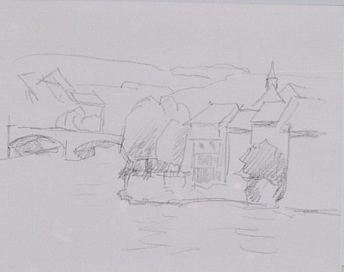 August Kutterer - Skizze eines Flusslaufs zwischen Dorf mit Steinbogenbrücke