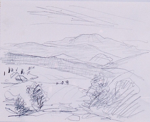 August Kutterer - Skizze einer Landschaft mit Feldern und Sträuchern, Hügel im Hintergrund