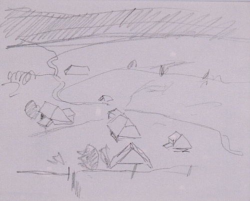 August Kutterer - Skizze einer weiten Landschaft mit einzelnen Bauernhäusern