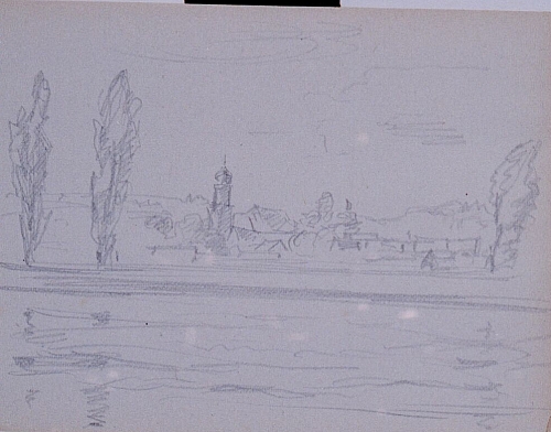 August Kutterer - Skizze einer weiten Landschaft mit Dorf im Hintergrund