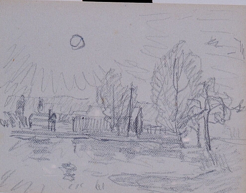 August Kutterer - Skizze einer Felderlandschaft mit Bauernhäusern bei Sonnenschein