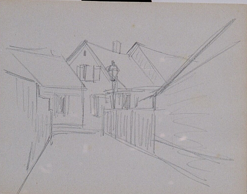August Kutterer - Skizze einer schmalen Gasse zwischen Häusern