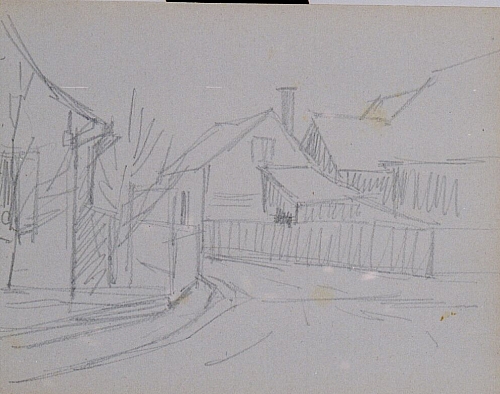 August Kutterer - Skizze einer Dorfstraße mit Bauernhäusern