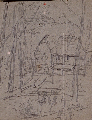 August Kutterer - Skizze eines großen Bauernhofs zwischen Bäumen und Wiesen an Hanglage