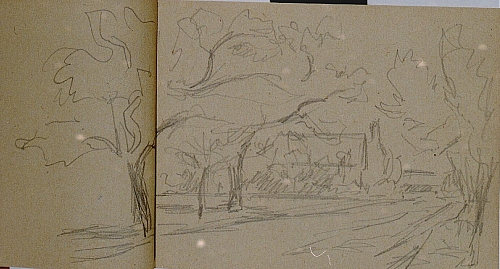 August Kutterer - Skizze einer Landstraße mit Bäumen zu Bauernhaus