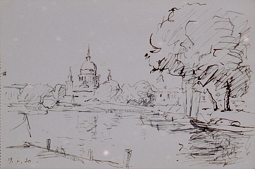 August Kutterer - Skizze eines weiten Flusslaufs mit großer Kirche im Hintergrund