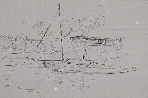 August Kutterer - Skizze eines Segelbootes zu Wasser mit Häusern am Ufer