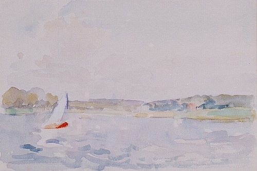 August Kutterer - Skizze eines weiten Gewässers mit Uferlandschaft im Hintergrund