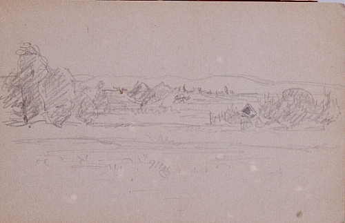 August Kutterer - Skizze einer weiten Landschaft mit Hügeln im Hintergrund