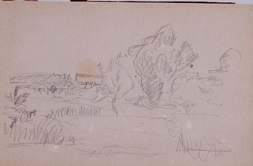 August Kutterer - Skizze einer Landschaft mit Baum und Bauernhaus