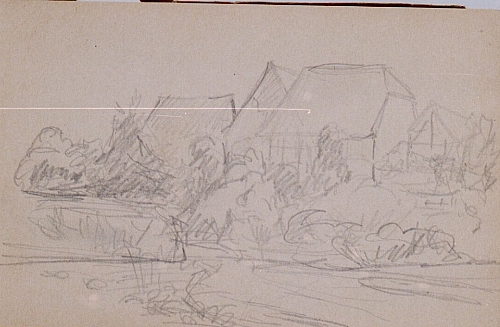 August Kutterer - Skizze von Wiesen mit Bauernhäusern im Hintergrund