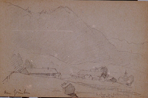 August Kutterer - Skizze einer Landschaft mit Dorf und Berg im Hintergrund, Rettenberg