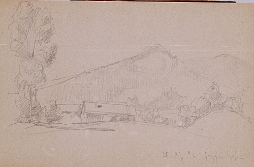 August Kutterer - Skizze einer Landschaft mit Bauernhäusern und Bergen, Greggenhofen