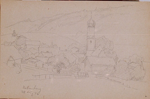 August Kutterer - Skizze einer Landschaft mit Dorf, Rettenberg