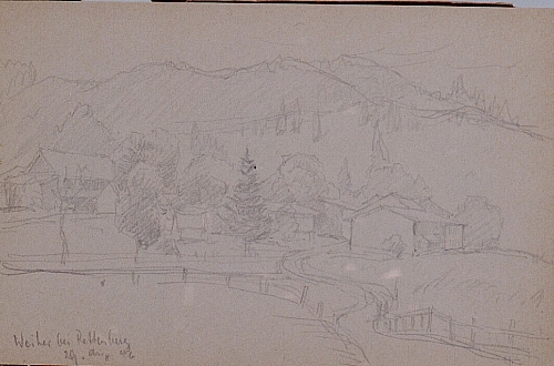 August Kutterer - Skizze eines Baches mit Dorf und Bergen im Hintergrund