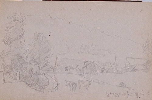 August Kutterer - Skizze eines Dorfeingangs mit Kühen und Berg im Hintergrund, Greggenhofen