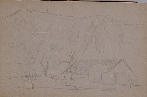 August Kutterer - Skizze eines Bauernhauses mit Berg im Hintergrund