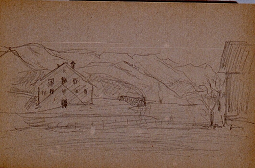August Kutterer - Skizze eines Bauernhofs vor Bergen