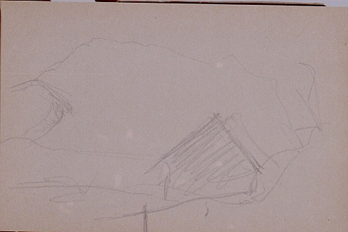 August Kutterer - grobe Skizze eines Bauernhofs vor Berg