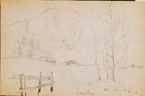 August Kutterer - Skizze einer Landschaft mit Bäumen und Berg im Hintergrund