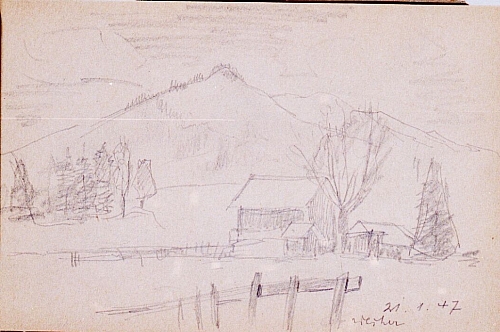 August Kutterer - Skizze eines Bauernhofs mit Wiesen und Felder vor Berg
