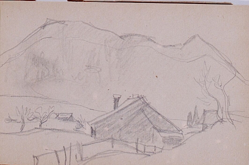 August Kutterer - Skizze eines Bauernhofs vor Berg