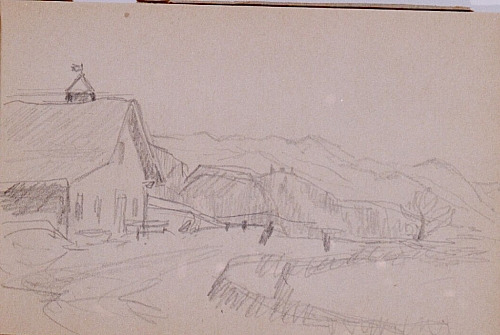 August Kutterer - Skizze einer Dorfstraße mit Häusern und Bergen im Hintergrund