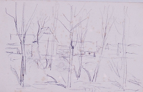 August Kutterer - Skizze von Bäumen vor Häuserreihe an Hang