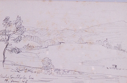 August Kutterer - Skizze eines See in Landschaft mit Hügeln