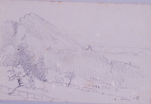 August Kutterer - Skizze einer Hügellandschaft mit Wiesen und Weiden
