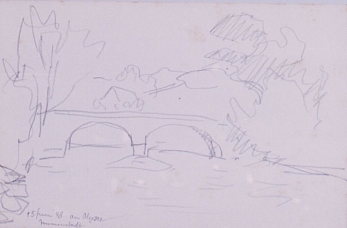 August Kutterer - Skizze einer Flusslandschaft mit Steinbogenbrücke