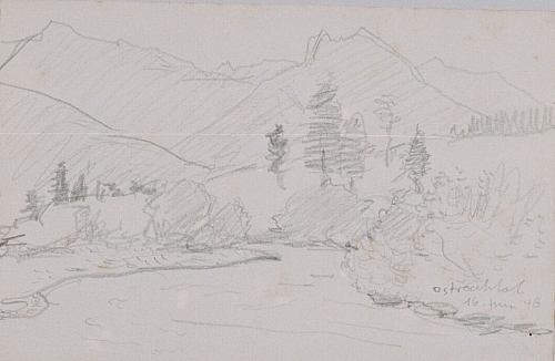 August Kutterer - Skizze einer Flusslandschaft mit Bergen