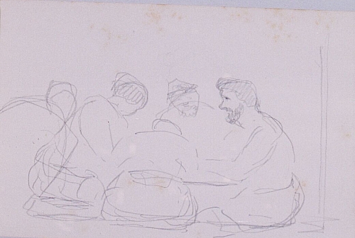 August Kutterer - Skizze von fünf am Boden sitzenden Gestalten