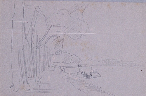 August Kutterer - Skizze eines Flusslauf mit Uferweg und Booten vor Anker