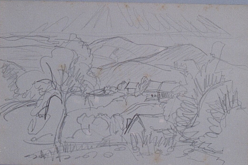 August Kutterer - Skizze eines Dorfes mit weiter Landschaft zwischen Hügeln
