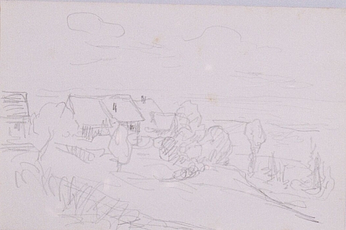August Kutterer - Skizze eines Bauernhof in weiter Landschaft