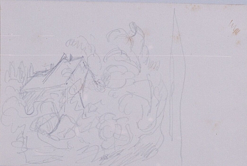 August Kutterer - Skizze eines Bauernhauese zwischen Bäumen und Sträuchern