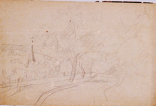 August Kutterer - Skizze einer Landstraße mit Dorf im Tal
