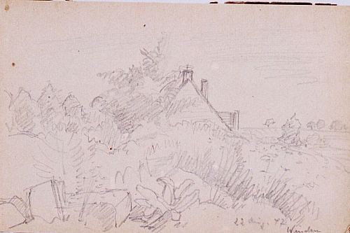 August Kutterer - Skizze eines Bauerngartens mit Haus im Hintergrund, Winden