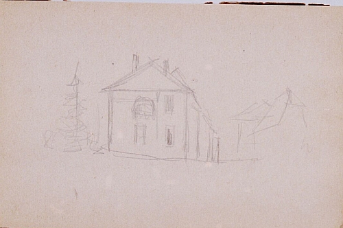 August Kutterer - Skizze eines Hauses neben einer Tanne